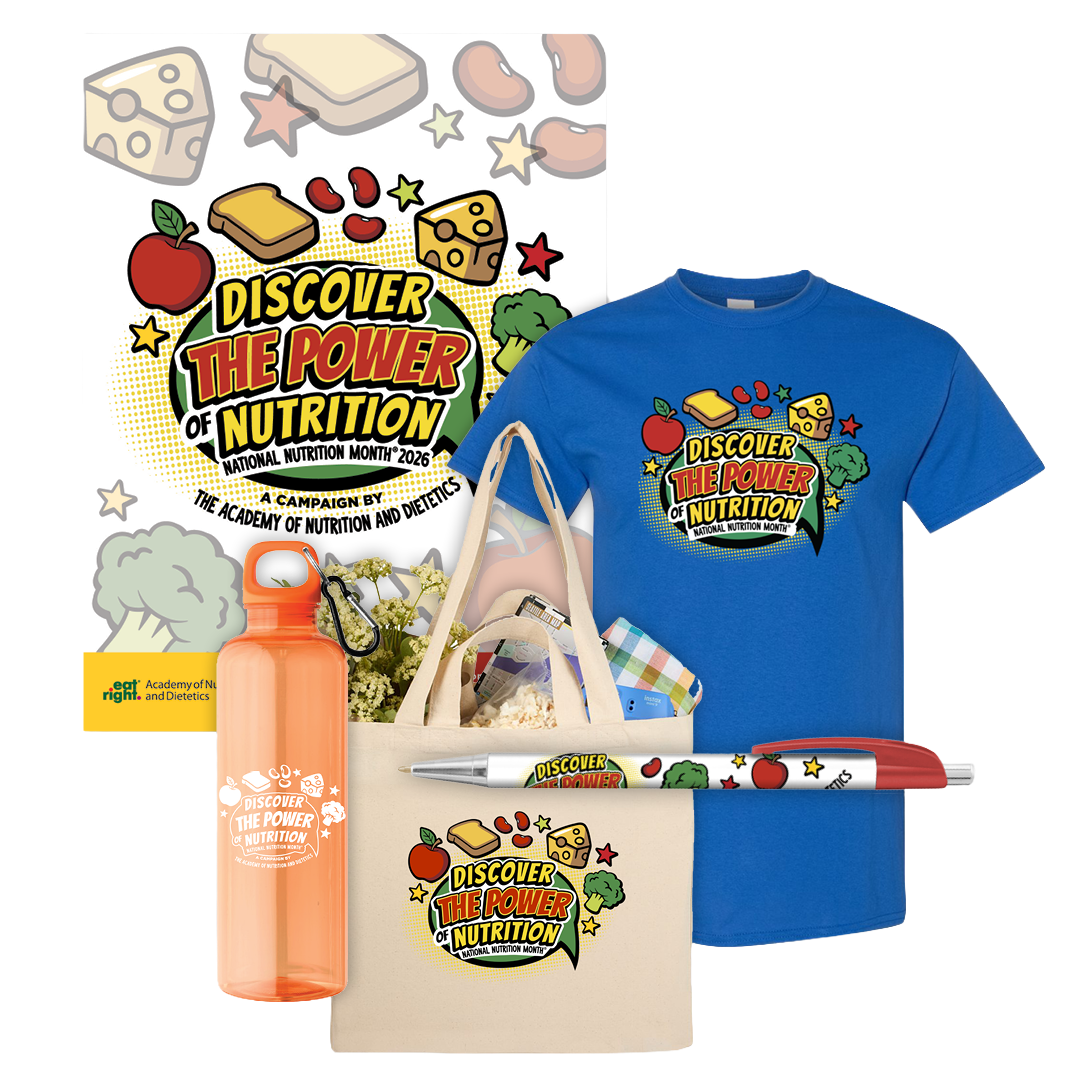 Product group shot of National Nutrition Month 2026 merchandise, including a t-shirt, water bottle, tote bag and pen.